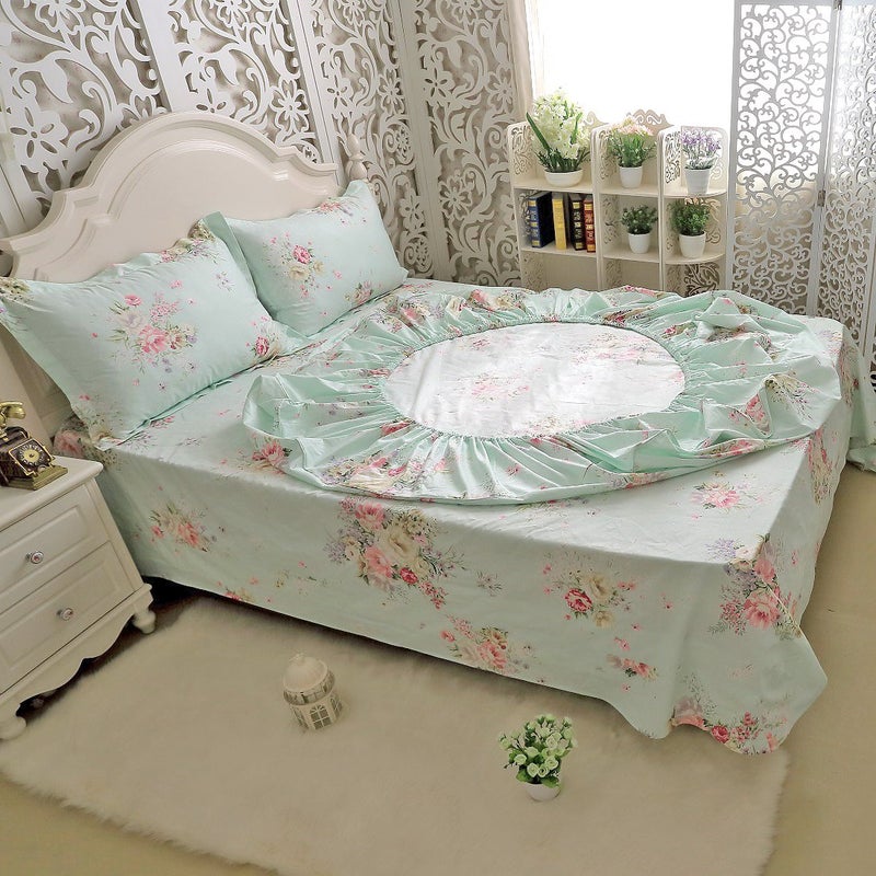 FADFAY Green Floral Bed Sheet Set Cotton Sheets 4-Piece King Size - Image 2